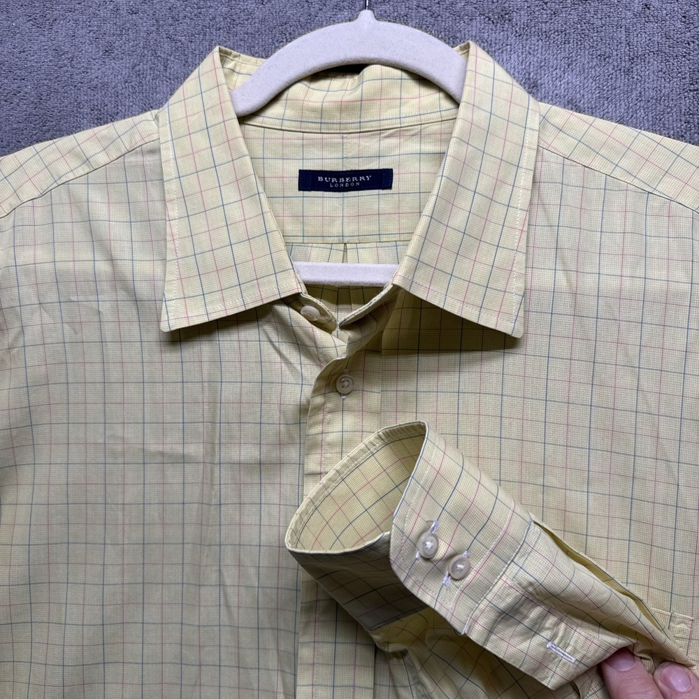 Burberry‎ London Dress Shirt Mens 18L Butter Yellow Check Plaid Button Up